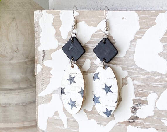 Black & White Oval Leather Earrings, Boho Earrings, Cork Leather Earrings, Black and White Earrings, Dangle Leather Earrings