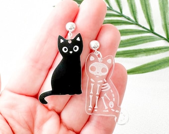 Skeleton Cat Dangle Earrings | Halloween Black Cat Earrings | Cat Skeleton Stud Earrings | Black Cat Halloween Earrings