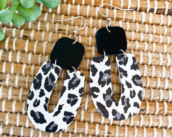 Black and White Leopard Leather Earrings, Modern Leather Earrings, Geometric Earrings, Leopard Print Earrings, Cheetah Leather Earrings
