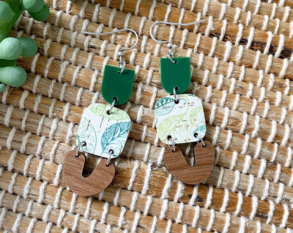 Boho Leather Earrings - Modern Leather and Wood Earrings, Wood and Leather Leaf Print Earrings, Summer Earrings, Leather Leaf Earrings