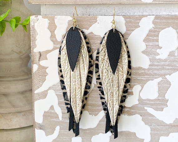 Black and Gold Feather Leather Earrings - Leopard Leather Earrings - Fringed Leather Feather Earrings - Unique Feather Earrings, 4 Inches