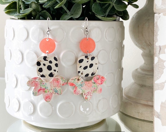 Coral Spotted Dalmatian Leather Earrings - Geometric Leather Earrings, Modern Leather Earrings, Glitter Earrings, Boho Floral Earrings