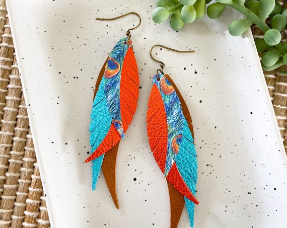Metallic Peacock Feather Leather Earrings, Leather Feather Earrings - Turquoise Leather Feather Earrings, Orange Metallic Leather Earrings