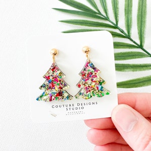 Gold Christmas Tree Earrings | Silver Glitter Tree Holiday Earrings | Holiday Tree Earrings | Christmas Earrings