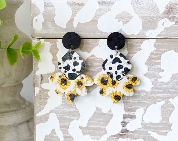 Sunflower Modern Earrings, Boho Earrings, Geometric Leather Earrings, Black and Yellow Cork Earrings, Sunflower Cow Print Earrings