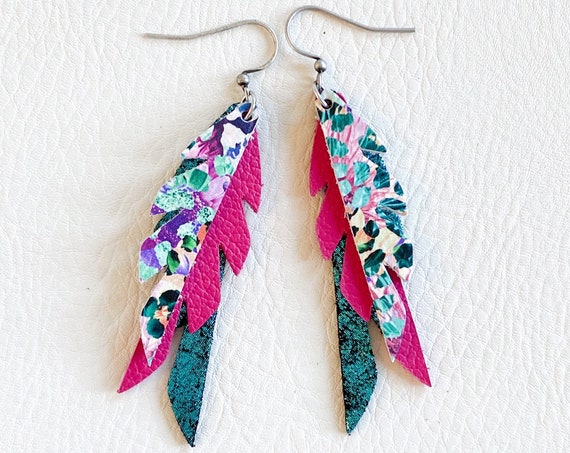 Aqua Leather Feather Earrings, Turquoise and Hot Pink Feather Leather Earrings, Mini Feather Earrings, Boho Earrings, Leather Feathers