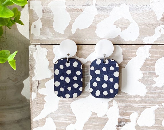 Modern Square Wood Earrings, Navy and White Wood Earrings, Square Earrings, Geometric Stud Earrings, Boho Earrings, Post Earrings