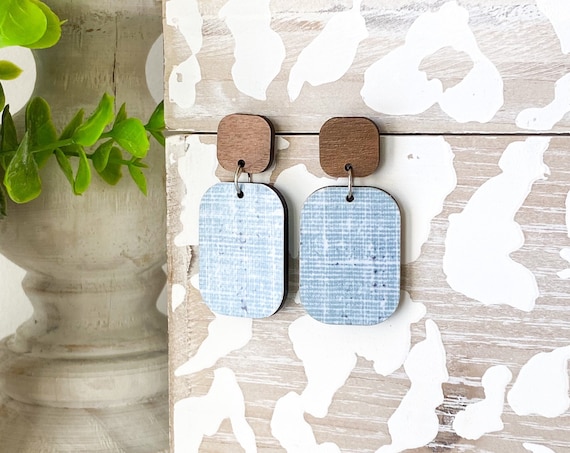 Square Wood Earrings, Blue Linen Print Wood Earrings, Square Earrings, Geometric Stud Earrings, Boho Earrings, Post Earrings
