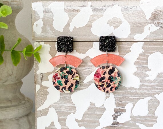 Modern Coral Tropical Earrings, Boho Earrings, Geometric Leather Earrings, Black and Coral Earrings, Jungle Print Earrings