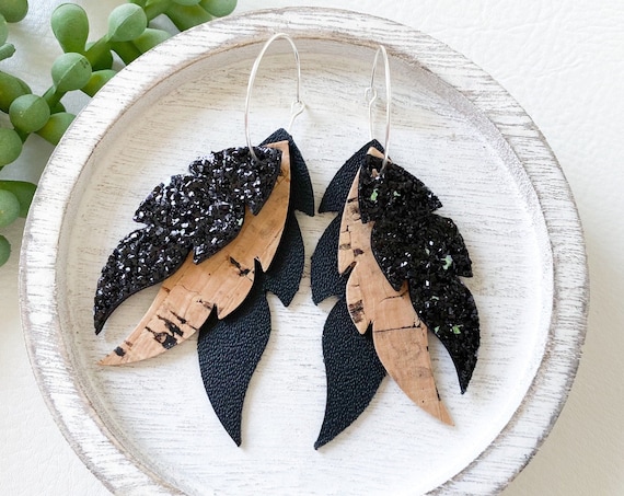 Black Layered Feather Earrings - Leather Feather Hoop Earrings, Boho Earrings, Glitter Leather Earrings, Cork Hoop Earrings