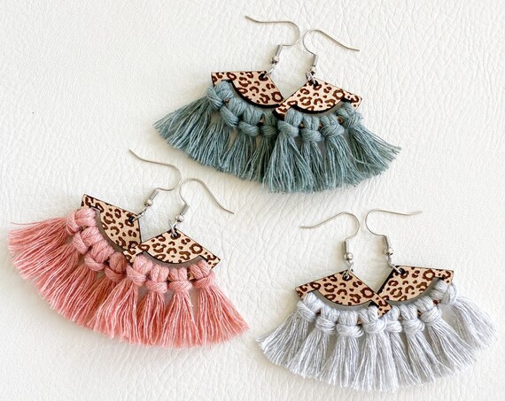 Pastel Leopard Macrame Earrings, Boho Earrings, Macrame Earrings, Fringe Earrings, Wood Macrame Earrings, Cheetah Fan Macrame Earrings