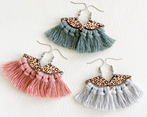 Pastel Leopard Macrame Earrings, Boho Earrings, Macrame Earrings, Fringe Earrings, Wood Macrame Earrings, Cheetah Fan Macrame Earrings