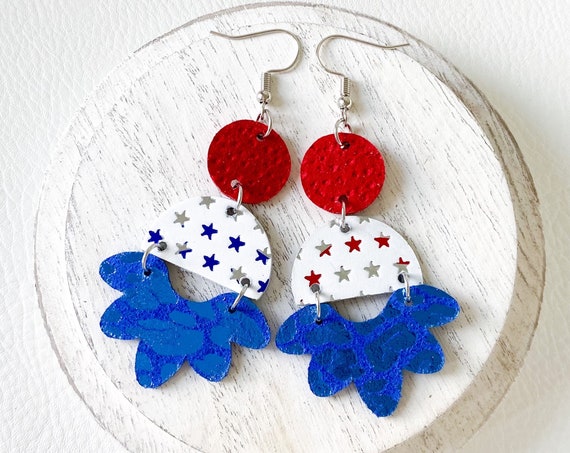 Patriotic Leather Earrings - Geometric Red White and Blue Earrings, 4th of July Earrings, Fourth of July Leather Earrings, Boho Earrings