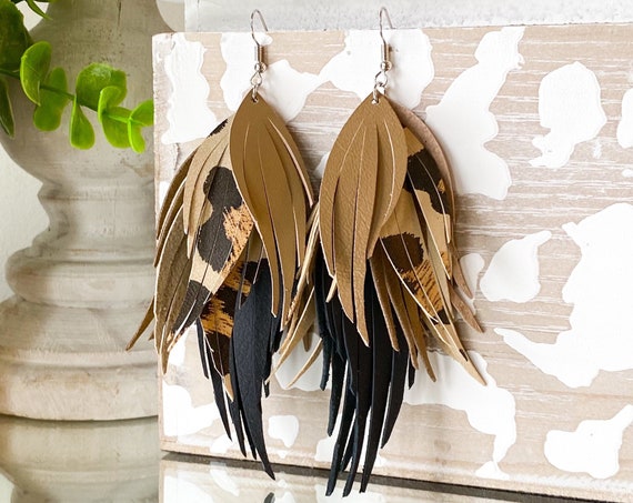 Black & Tan Leopard Leather Earrings, Fringed Leather Feather Earrings, Fringe Earrings, Boho Earrings, Cheetah Leather Earrings