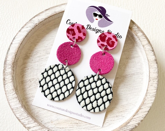 Circle Dangle Earrings, Modern Circle Earrings, Circle Trio Leather Post Earrings, Boho Earrings, Pink Black and White Circle Studs