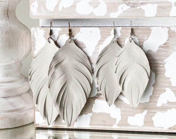 Bone Leather Feather Earrings - Leather Feather Earrings, Leather Fringe Earrings, Neutral Leather Earrings, Boho Leather Earrings
