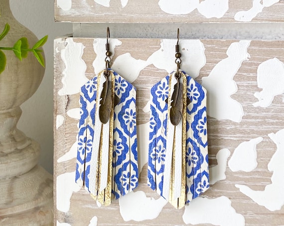Blue Boho Leather Fringe Earrings - Cork Leather Earrings, Leather Fringe Earrings, Gold Leather Earrings, Turkish Tile Earrings, 3.5 Inches