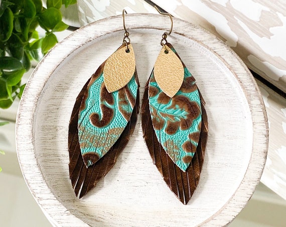 Turquoise Leather Feather Earrings, Western Leather Earrings, Riviera Embossed Leather Earrings, Boho Earrings, Brown & Aqua Feathers