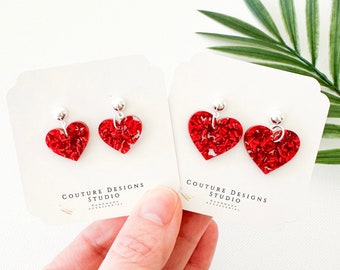 Heart Valentine Earrings | Valentine Earrings | Confetti Glitter Heart Earrings | Red Glitter Heart Valentines Day Earrings