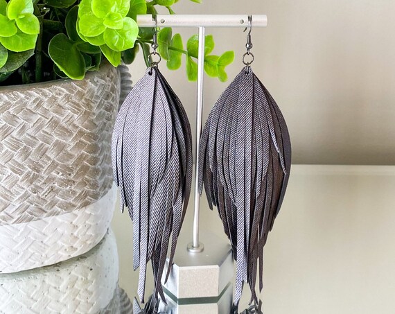Charcoal Leather Feather Earrings - Leather Feather Earrings, Leather Fringe Earrings, Genuine Leather Earrings, Boho Leather Earrings, 5.5”