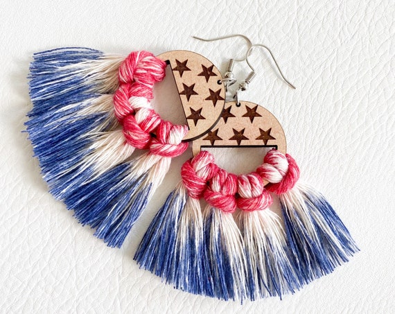 4th of July Earrings, Tie Dye Macrame Earrings, Patriotic Earrings, Red White and Blue Earrings, Macrame Wood Earrings, Tie Dye Earrings