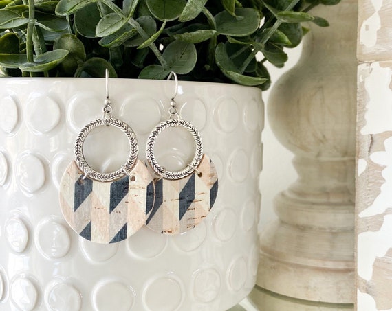 White Leather Earrings - Leather Circle Earrings, Black & White Earrings, Boho Earrings, Cork Leather Earrings, Geometric Earrings