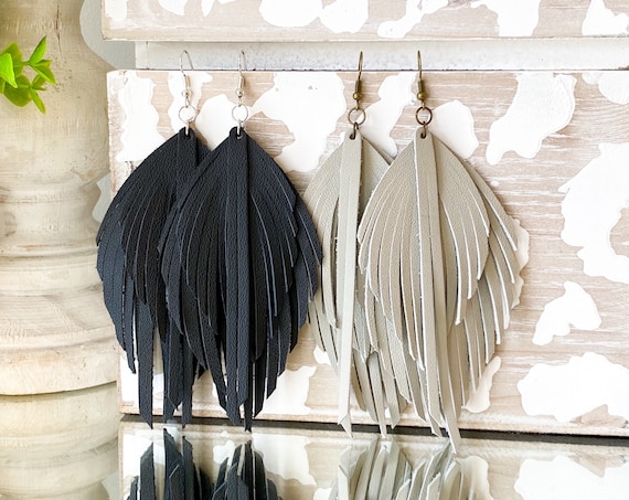 Genuine Leather Feather Earrings - Leather Fringe Earrings, Gray Leather Feather Earrings, Boho Earrings, Black Leather Feather Earrings