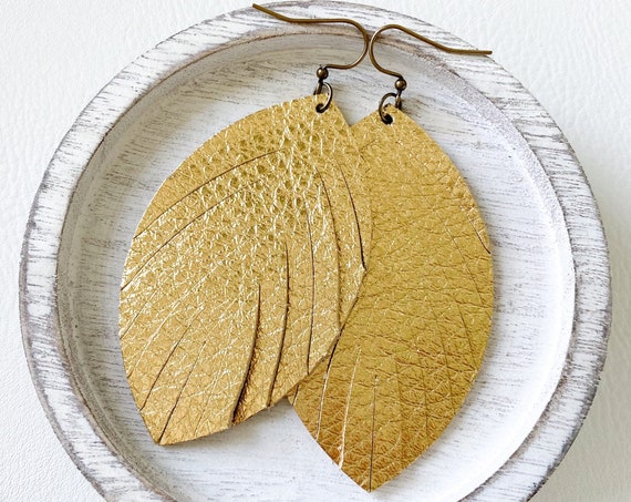 Gold Feather Leather Earrings, Genuine Leather Earrings, Gold Leather Earrings, Boho Earrings, Gold Leather Feathers