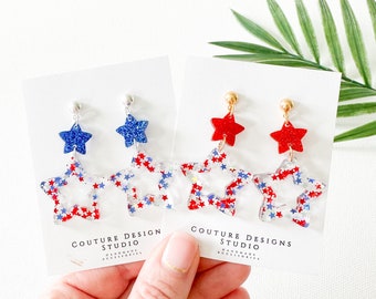 Glitter Star Hoop Earrings | 4th of July Earrings| Red, White and Blue Star Earrings | Glitter Star Patriotic Earrings