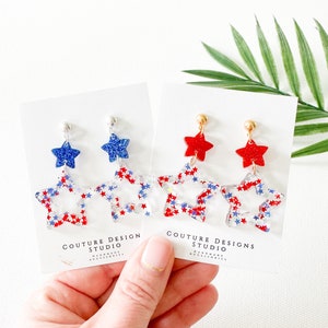 Glitter Star Hoop Earrings | 4th of July Earrings| Red, White and Blue Star Earrings | Glitter Star Patriotic Earrings