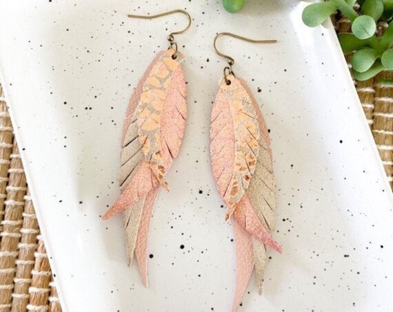 Blush Pink Leather Feather Earrings - Leopard Leather Feather Earrings - Pink and Ivory Layered Feather Leather Earrings