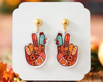 Turkey Earrings: Thanksgiving Peace Sign Boho Acrylic Turkey Dangle Earrings, Thanksgiving Jewelry