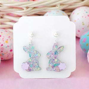 Pendientes de conejo de Pascua: Joyas de conejo de Pascua con purpurina pastel, pendientes de Pascua pastel, pendientes de conejo lindo