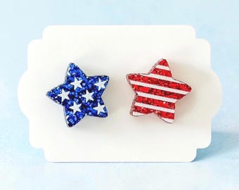 Star Stud Earrings: Patriotic Studs, Independence Day Star Stud Earrings, 4th of July Earrings, Glitter American Flag Star Stud Earrings