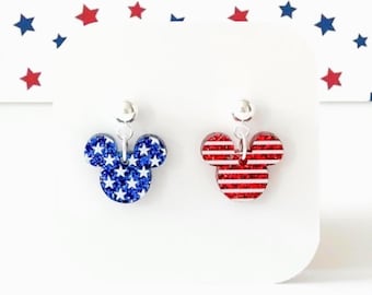 4th of July Mickey Mouse Earrings: Glitter Mickey American Flag Earrings, Stars and Stripes Mouse Earrings, Patriotic Mouse Earrings