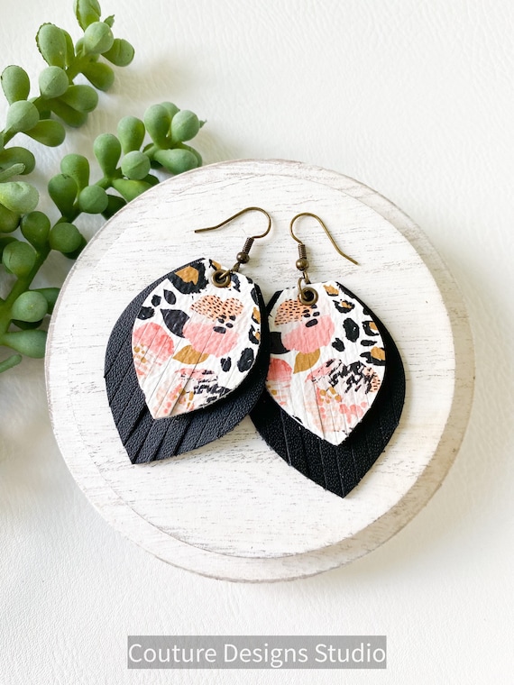 Leather Fringe Earrings - Pink Cheetah Floral Leather Earrings, Boho Earrrings, Genuine Leather Earrings, Black Leopard Leather Earrings