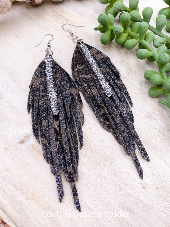 Glitter Camo Feather Earrings - Leather Feather Earrings, Leather Fringe Earrings, Genuine Leather Earrings, Boho Leather Earrings, 5.5”