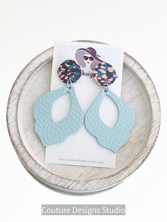 Arabesque Leather Earrings, Boho Earrings, Genuine Leather Earrings, Pastel Leather Earrings, Mint Moroccan Dangle Earrings