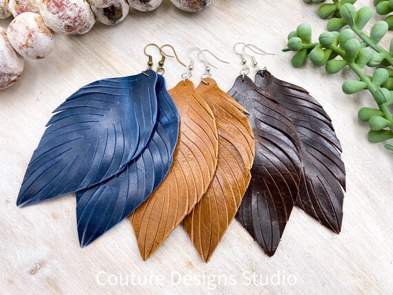 Boho Leather Feather Earrings - Large Leather Feather Earrings, Leather Fringe Earrings, Tassel Earrings, Long Leather Feather Earrings