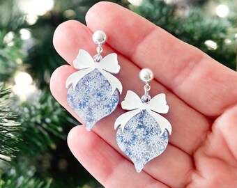 Christmas Ornament Earrings | Snowflake Ornament Christmas Earrings | Holiday Earrings | Bow Topped Christmas Bauble Earrings