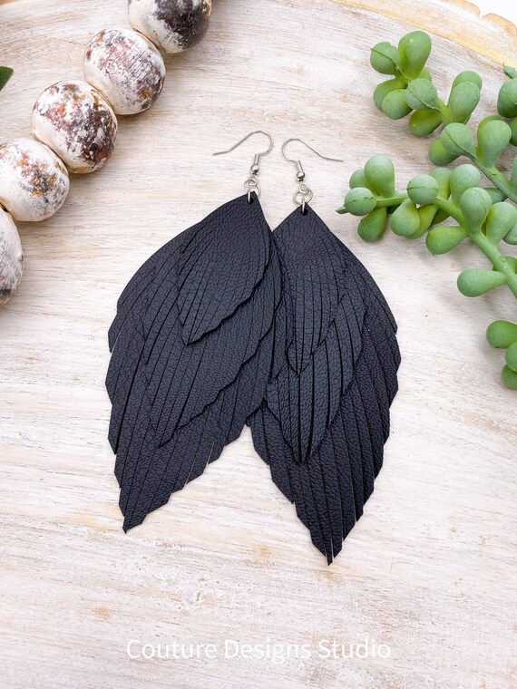 Black Faux Leather Feather Earrings - Black Faux Leather Earrings, Leather Fringe Earrings, Black Tassel Earrings