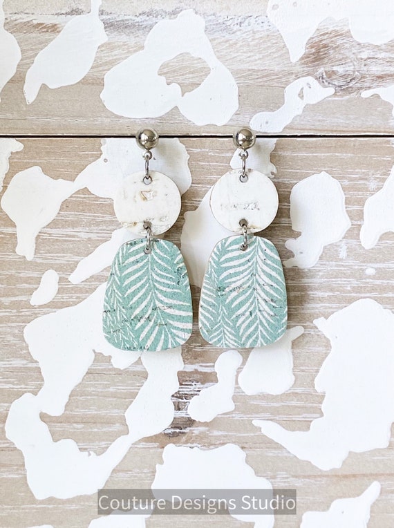 Mint Modern Earrings, Boho Earrings, Geometric Leather Earrings, Mint and White Waving Foliage Earrings, Cork Earrings