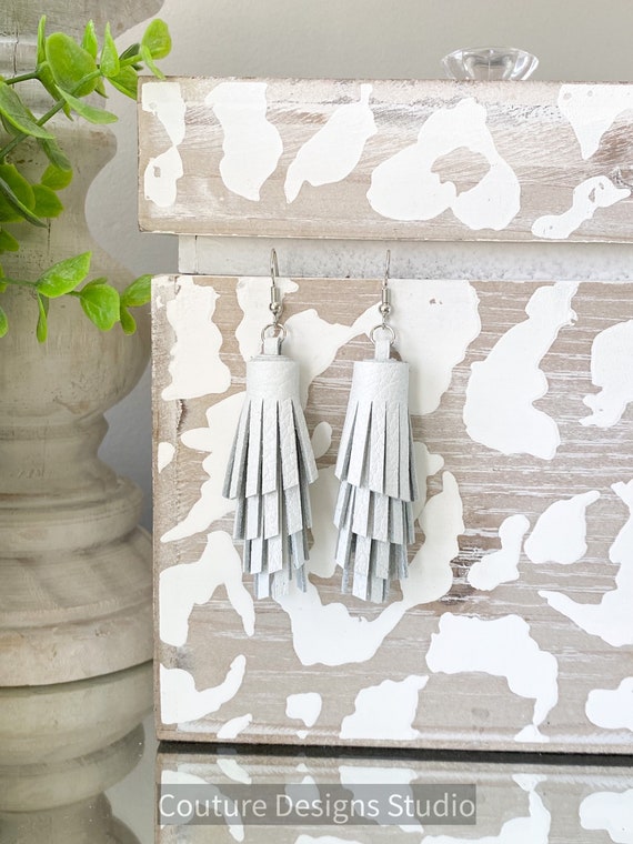 White Leather Tassel Earrings - Leather Fringe Earrings, Genuine Leather Earrings, White Leather Earrings, Boho Leather Earrings