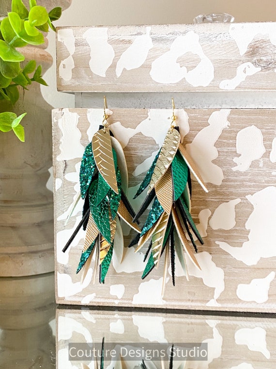 Gold Faux Leather Earrings - Faux Leather Feather Earrings, Glitter Earrings, Leaf Earrings, Emerald Green & Gold Earrings