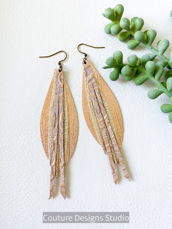 Pink & Gold Leather Feather Earrings - Leather Feather Earrings, Metallic Leather Fringe Earrings, Boho Earrings, Genuine Leather Earrings