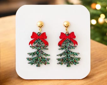 Christmas Tree Earrings, Green Glitter Holiday Tree Earrings, Elegant Holiday Earrings , Silver Pine Tree Christmas Earrings