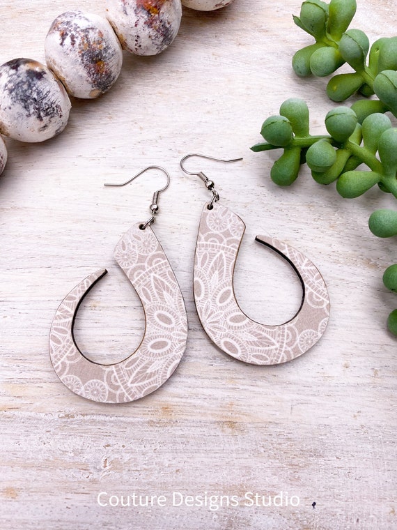 Beige Teardrop Earrings - Neutral Wooden Earrings, Laser Cut Wood Earrings, Mandala Teardrop Earrings, Polynesian Wood & Paper Earrings