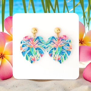 Monstera Leaf Earrings: Tropical Bird of Paradise  Palm Earrings, Tropical Print Monstera Earrings, Palm Vacation Earrings, Summer Earrings