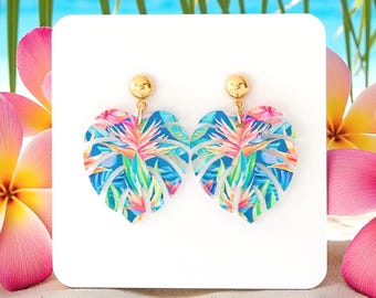 Monstera Leaf Earrings: Tropical Bird of Paradise  Palm Earrings, Tropical Print Monstera Earrings, Palm Vacation Earrings, Summer Earrings