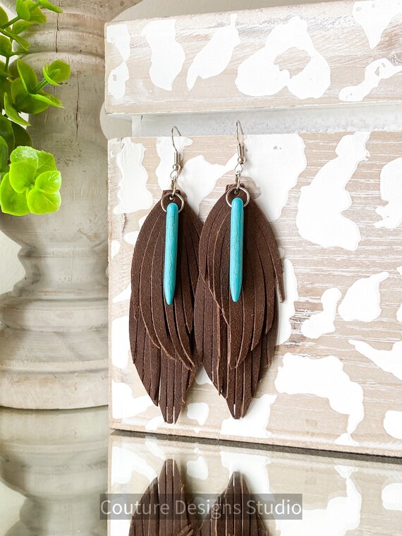 Turquoise and Brown Leather Feather Earrings, Leather Fringe Earrings, Leather Feather Earrings, Boho Earrings, Genuine Leather Earrings